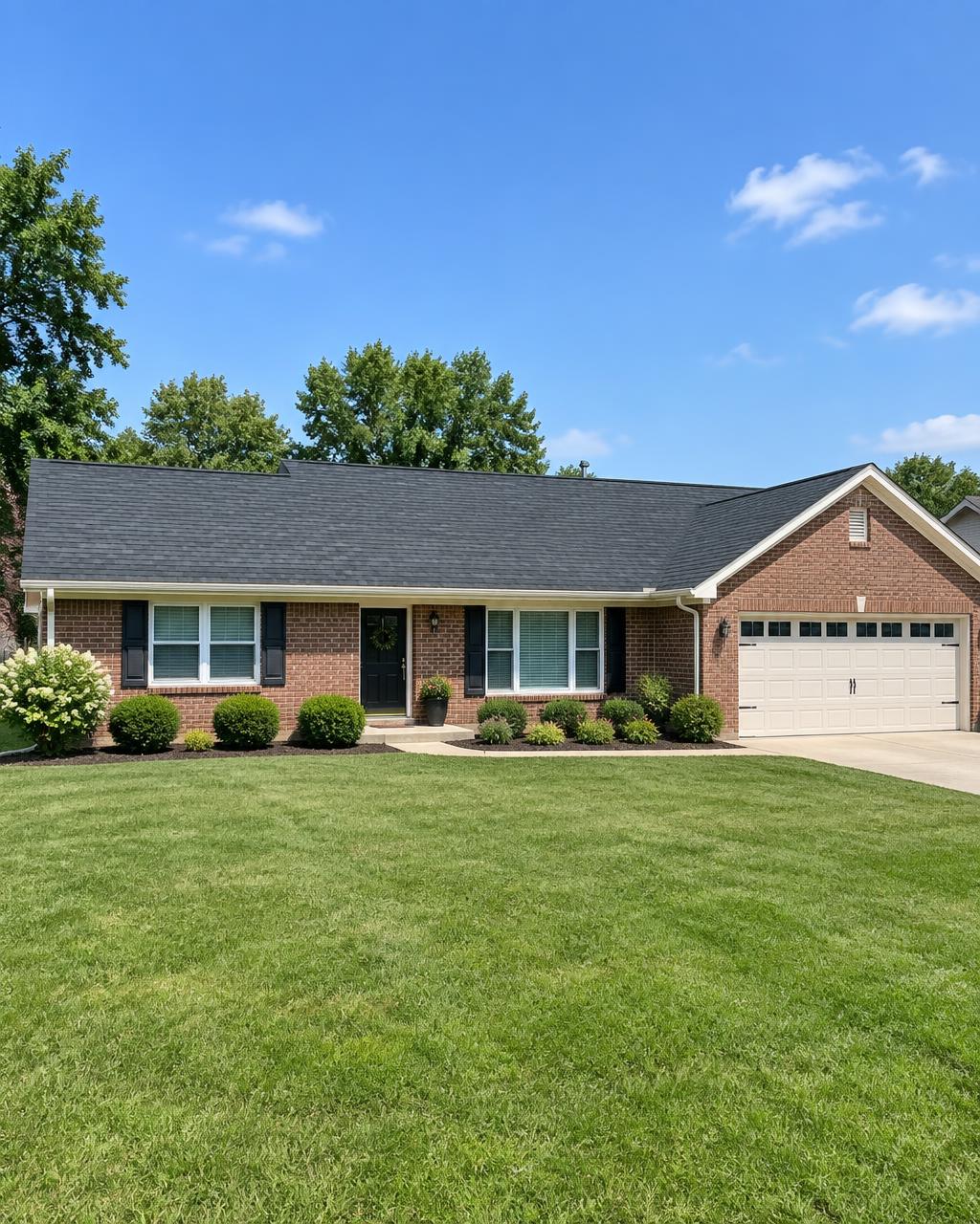 Completed shingle roof replacement on a brick ranch home