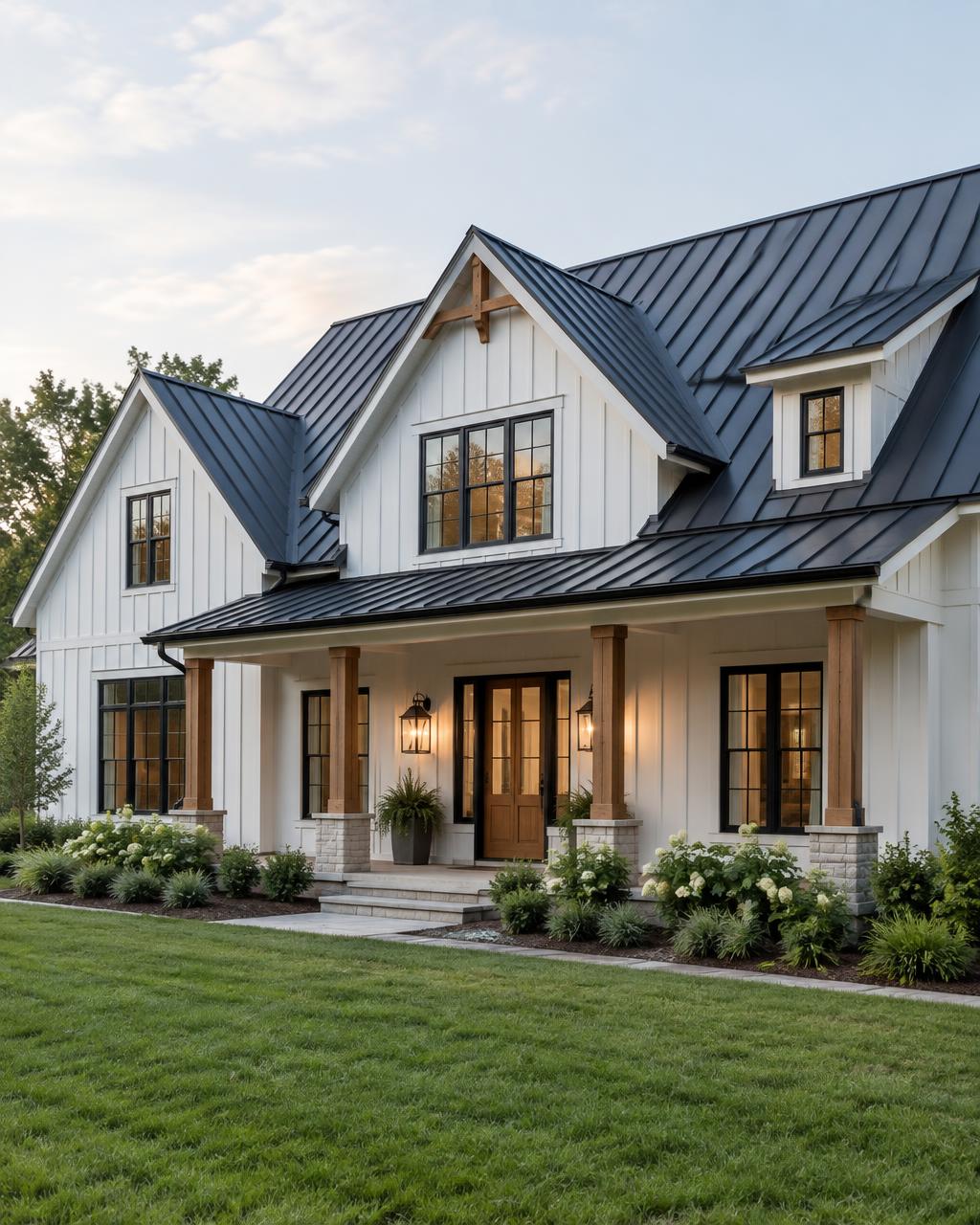 Standing seam metal roof on a modern farmhouse