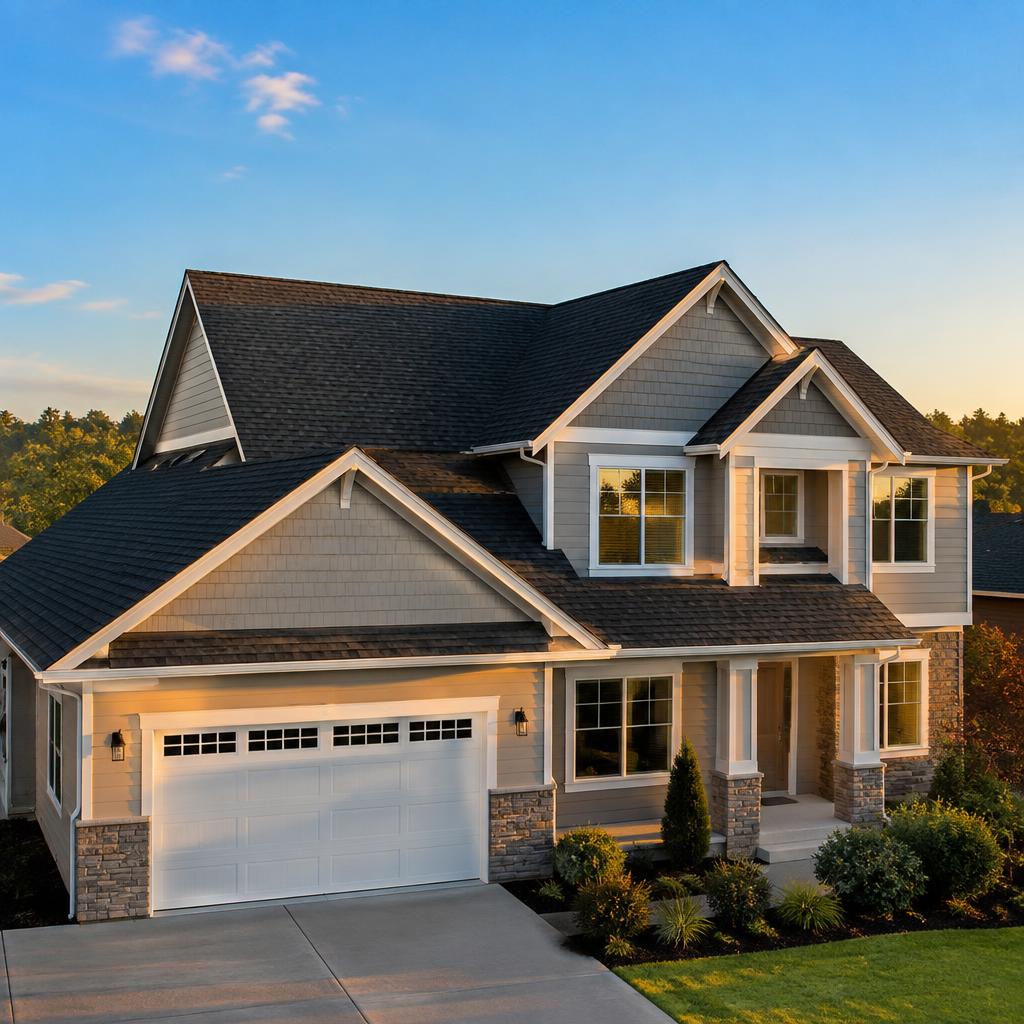 Newly installed architectural shingle roof on a suburban home