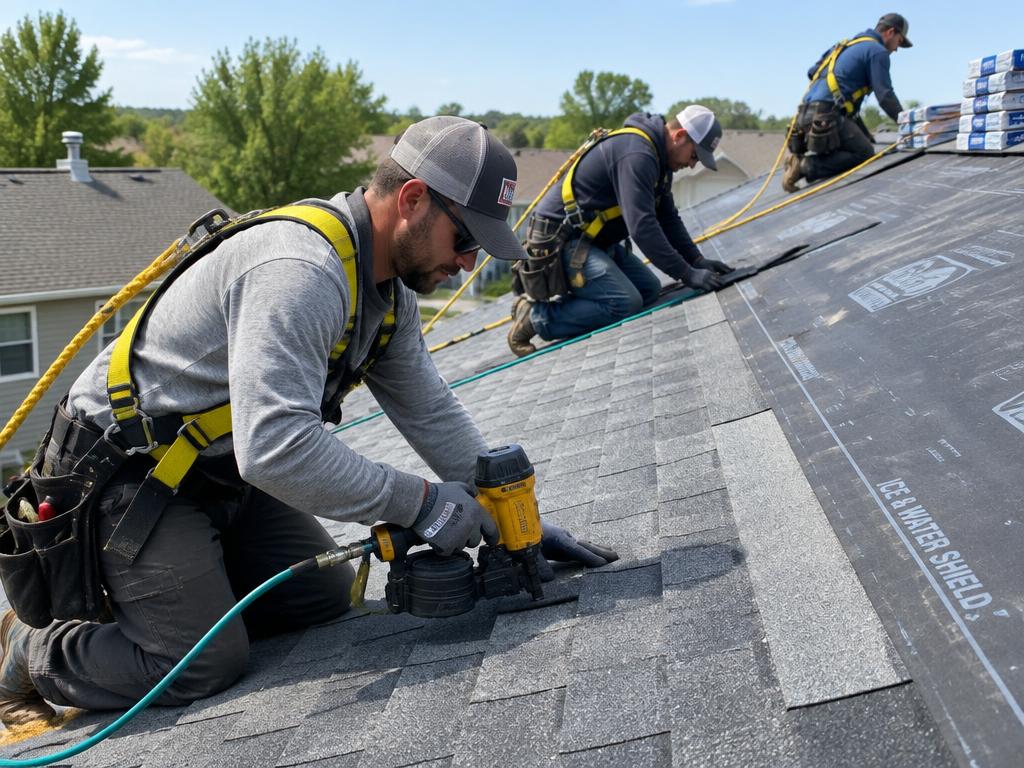 Roofing crew installing new architectural shingles