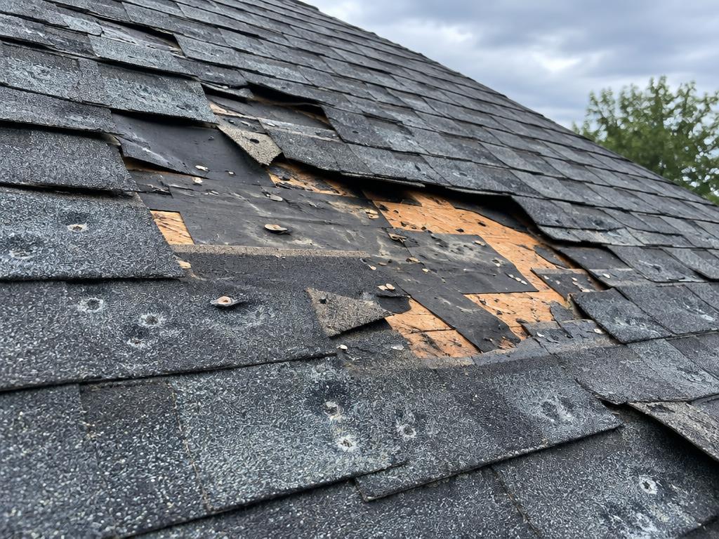 Hail and storm damaged shingles on a residential roof