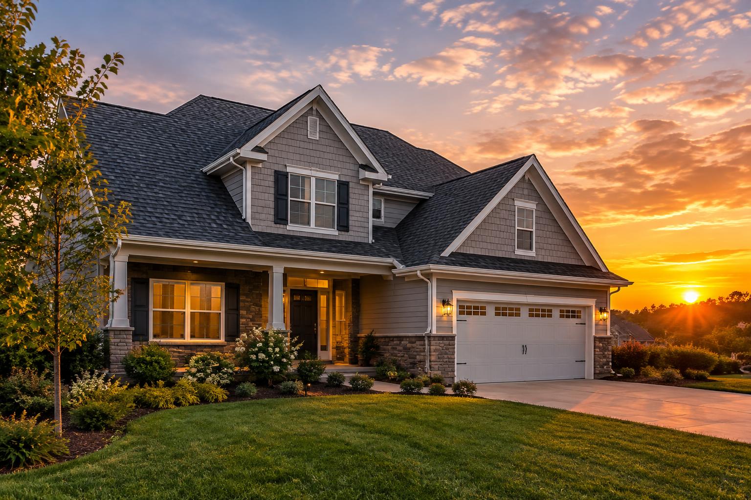 New shingle roof on a two-story home at sunset